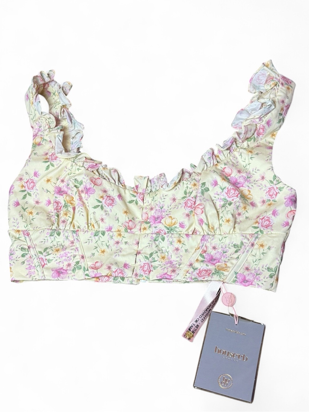 NWT House of CB Butter Yellow Floral Ruffle Corset Crop Top Milkmaid Cottagecore